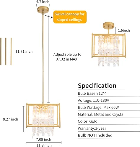 Miniatura 8 de Lámpara colgante industrial de cristal dorado de 11.81 pulgadas, cuadrada, 4 luces, moderna, vintage, semiempotrada, lámpara de techo para cocina,