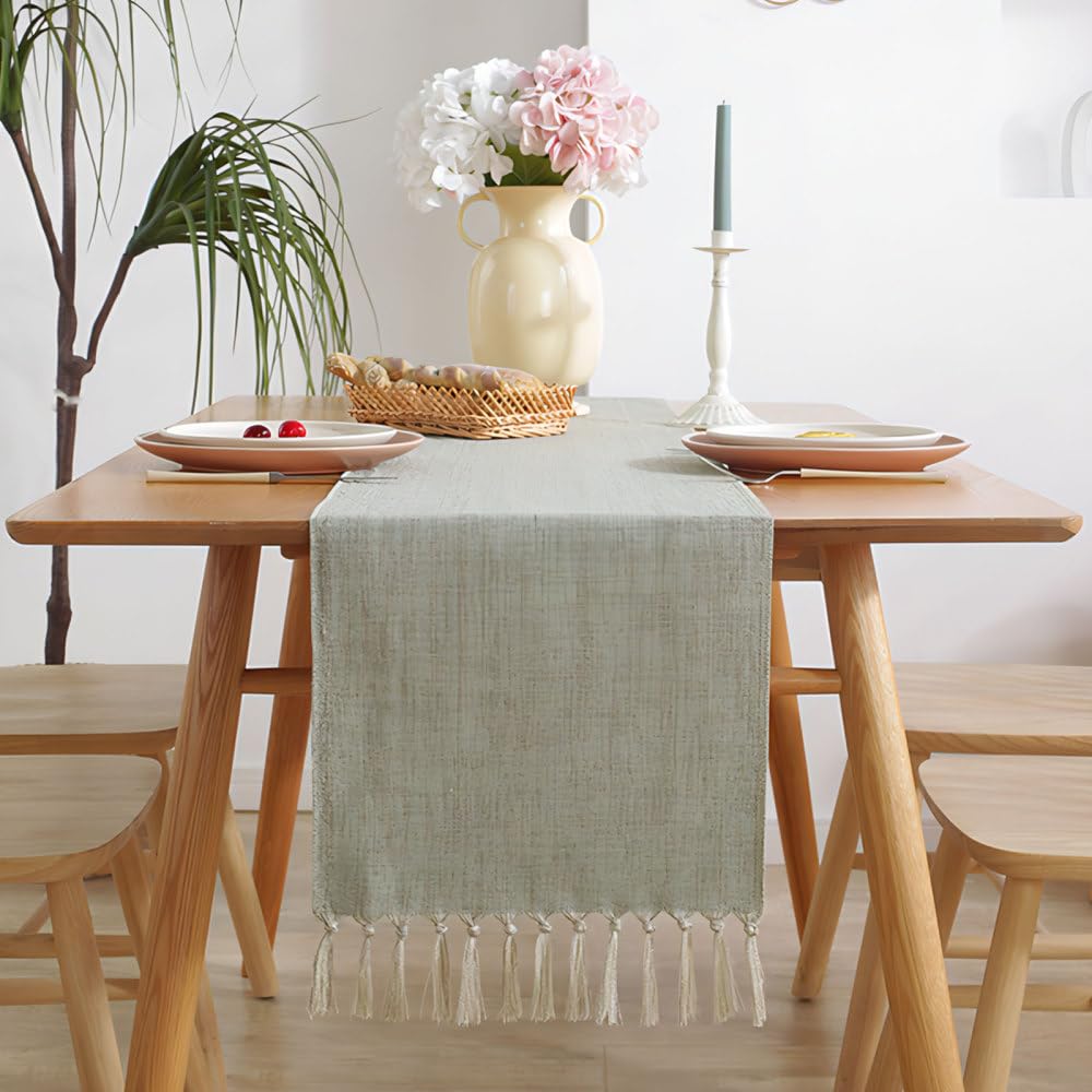 Mioyoow Light Green Table Runner, Rustic Linen Table Runner With Handmade Tassel Boho Woven Dining Table Decor For Party Wedding Dining Table