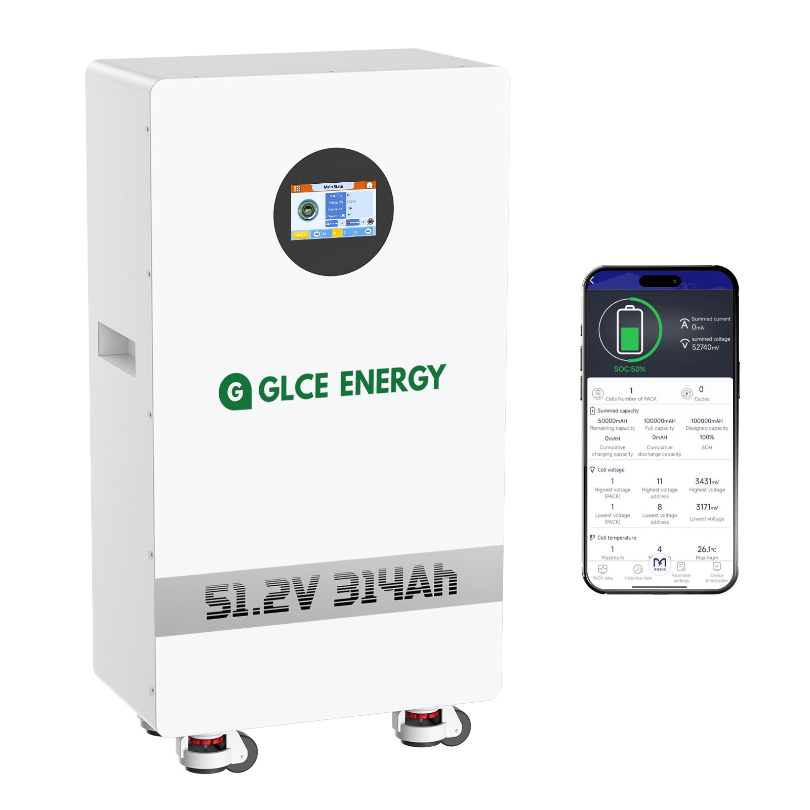 Batterie au Lithium LiFePO4 51,2V 314Ah - Écran LCD - BMS Intelligent Intégré 200A - Batterie 15,36kWh pour Camping-Car, Solaire et Stockage d’Énergie Domestique (Bluetooth/WiFi)