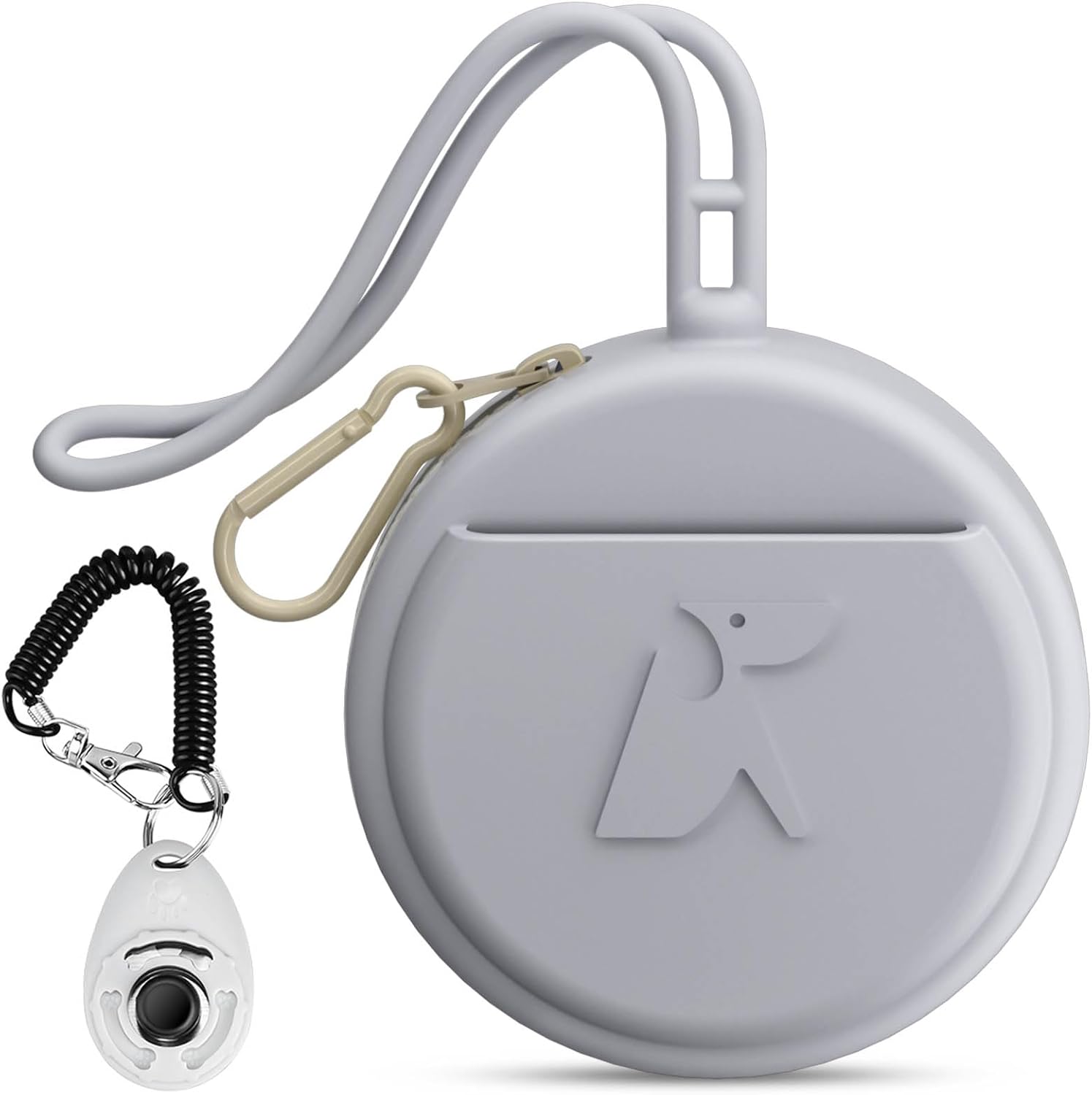 Small Silicone Dog Treat Pouch with Pet Training Clicker, Durable Metal Zipper, Integrated Strap, Mini Portable Size, Easy to Clean, Odorless, Travel Walking Bag for Leash (Grey)