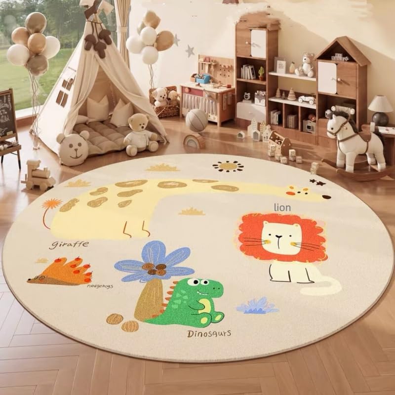 Poowe Long Giraffe Kids Carpet, Round Baby Mat Kids Room Decoration, Washable Non-Slip Cartoon Themed Children Rugs for Kindergarten Nursery School Rug Baby Playmats,3.3FT