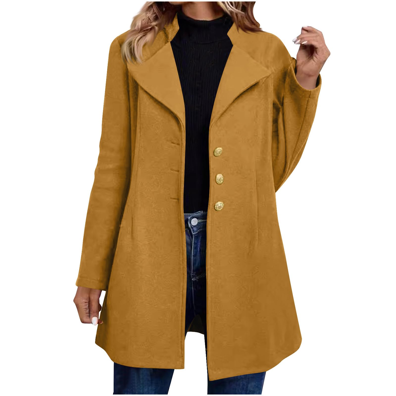 Womens Long Pea Coat Notch Lapel Double Breasted Trench Coat Fall Winter Overcoat Fashion Business Work Office