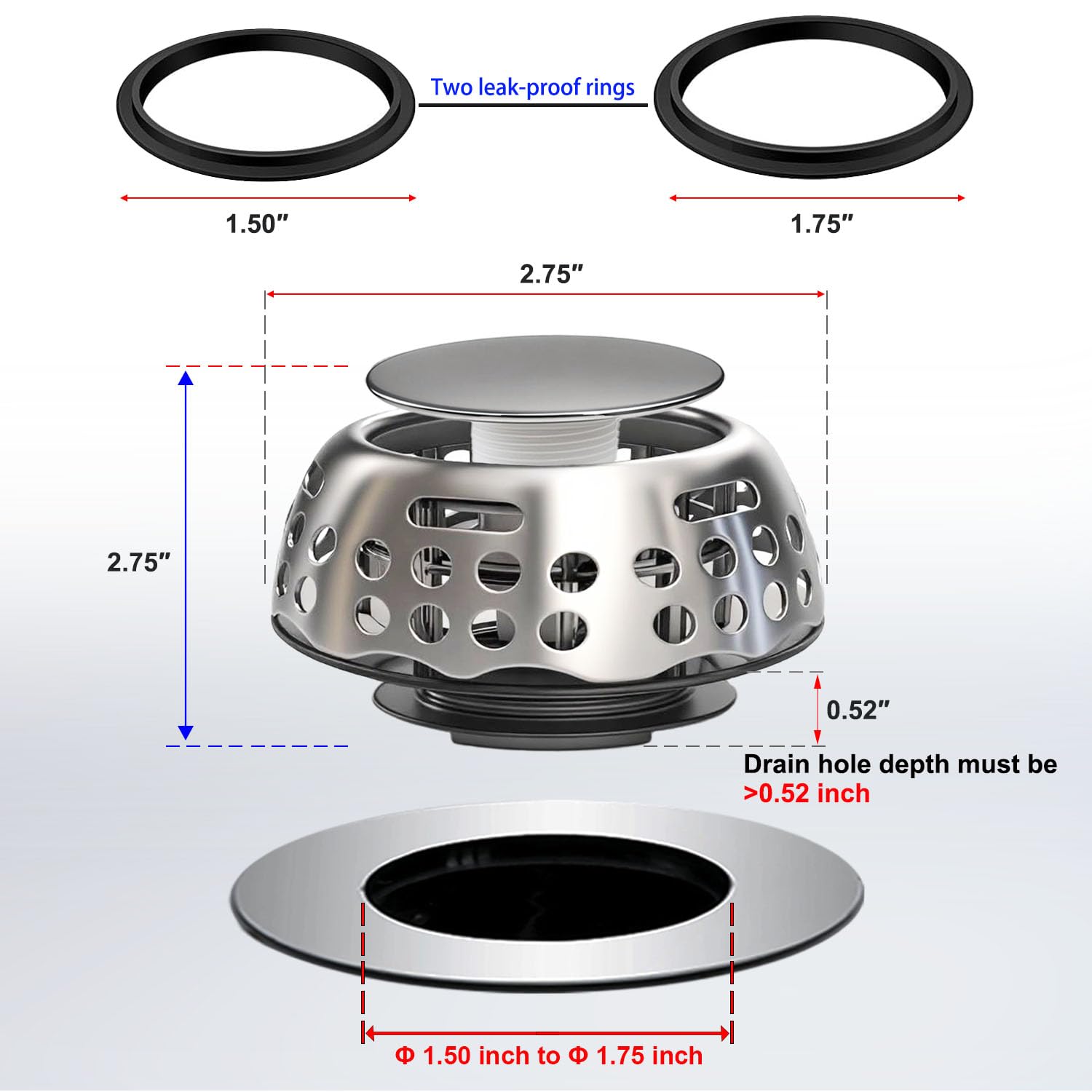 Bathtub Drain Stopper With Hair Catcher - Pop-Up Magnetic Strainer For 1.5" To 1.75" Drain Holes, Silver, Easy Install Tub Plug 6 thumbnail image