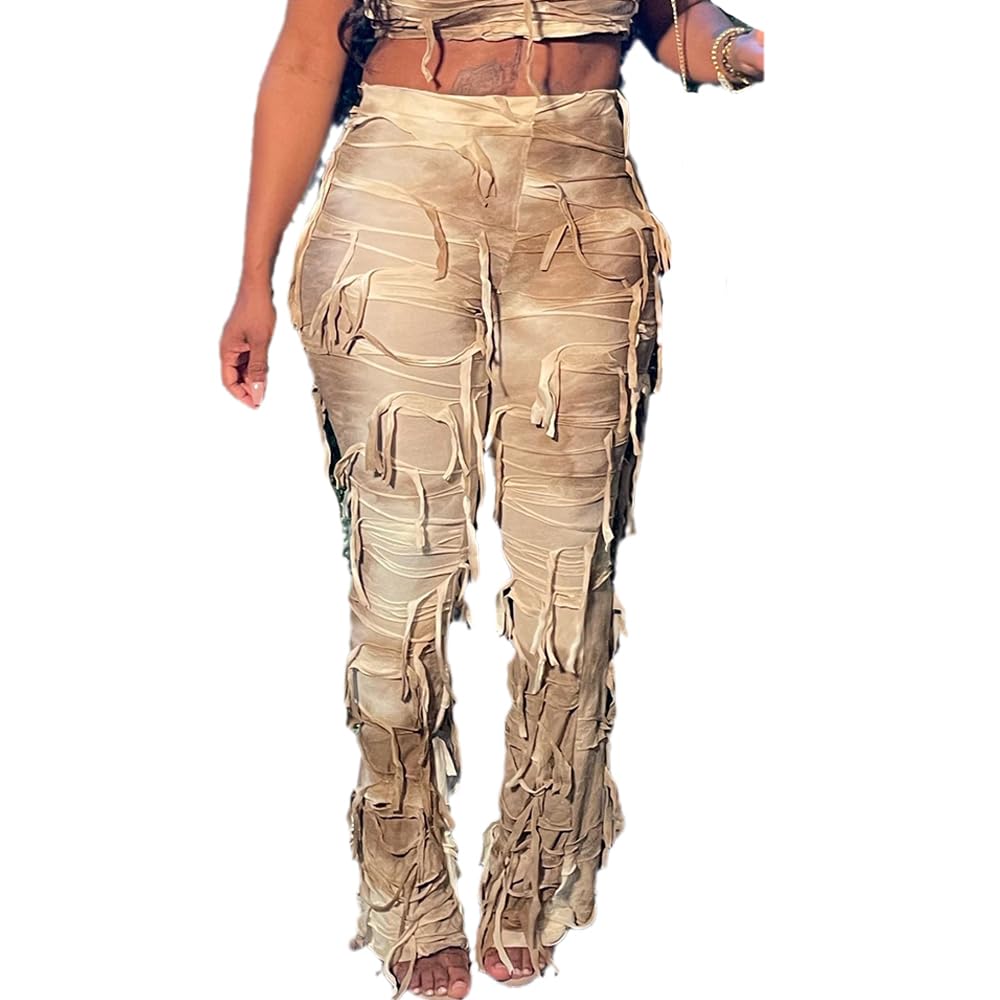 Wuitrie Womens Tassel Printing Elastic Pants Tie Dye High Waisted Slim Stretchy Trouser Y2K Streetwear Straight Pants
