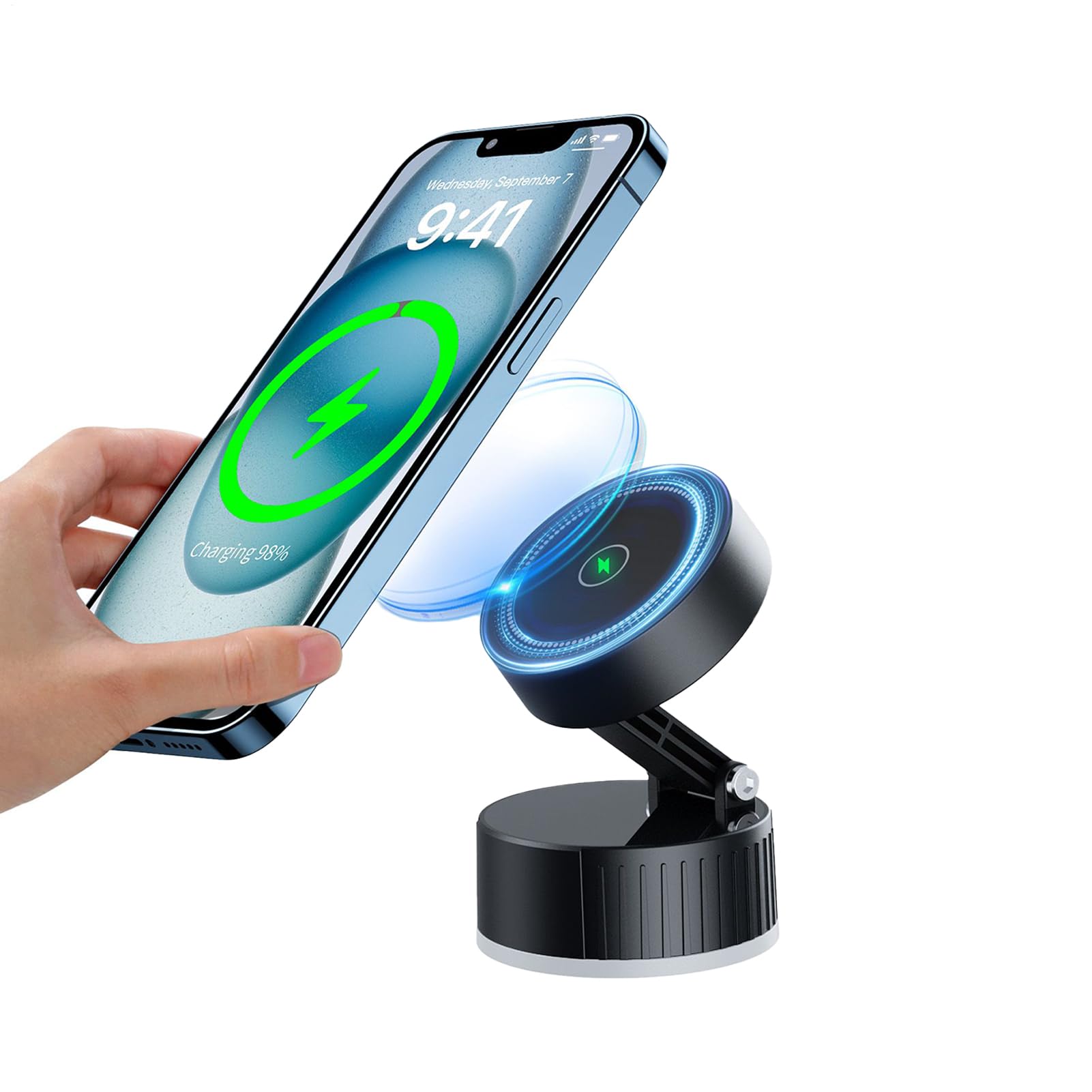 Soporte magnético para teléfono con ventosa | Soporte eléctrico para teléfono – 180 grados ajustable 15 W carga inalámbrica, soporte móvil multifuncional extraíble para escritorio, oficina, viajes