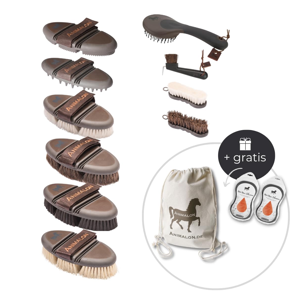 Animalon Master Set | Conjunto de diferentes cepillos para caballos | Cepillos, cepillo para crines y cola, raspador de pezuñas con cerdas naturales, esponja