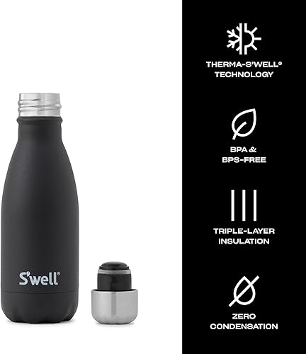 Miniatura 3 de S'well - Botella de agua de acero inoxidable, 9 fl oz, suave al tacto, color ónix, triple capa con aislamiento al vacío, bebidas frías por 24 horas