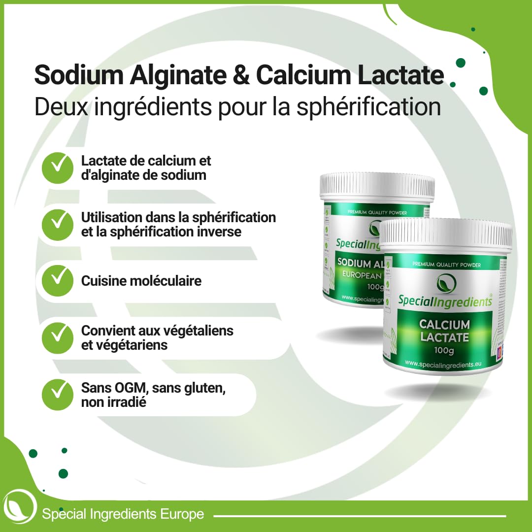 Special Ingredients Lactate De Calcium & Alginate De Sodium, Cuisine Moléculaire, Paquet de deux ingrédients, Idéale pour la sphérification de base et à la sphérification inversée - 2 x 50 gramme
