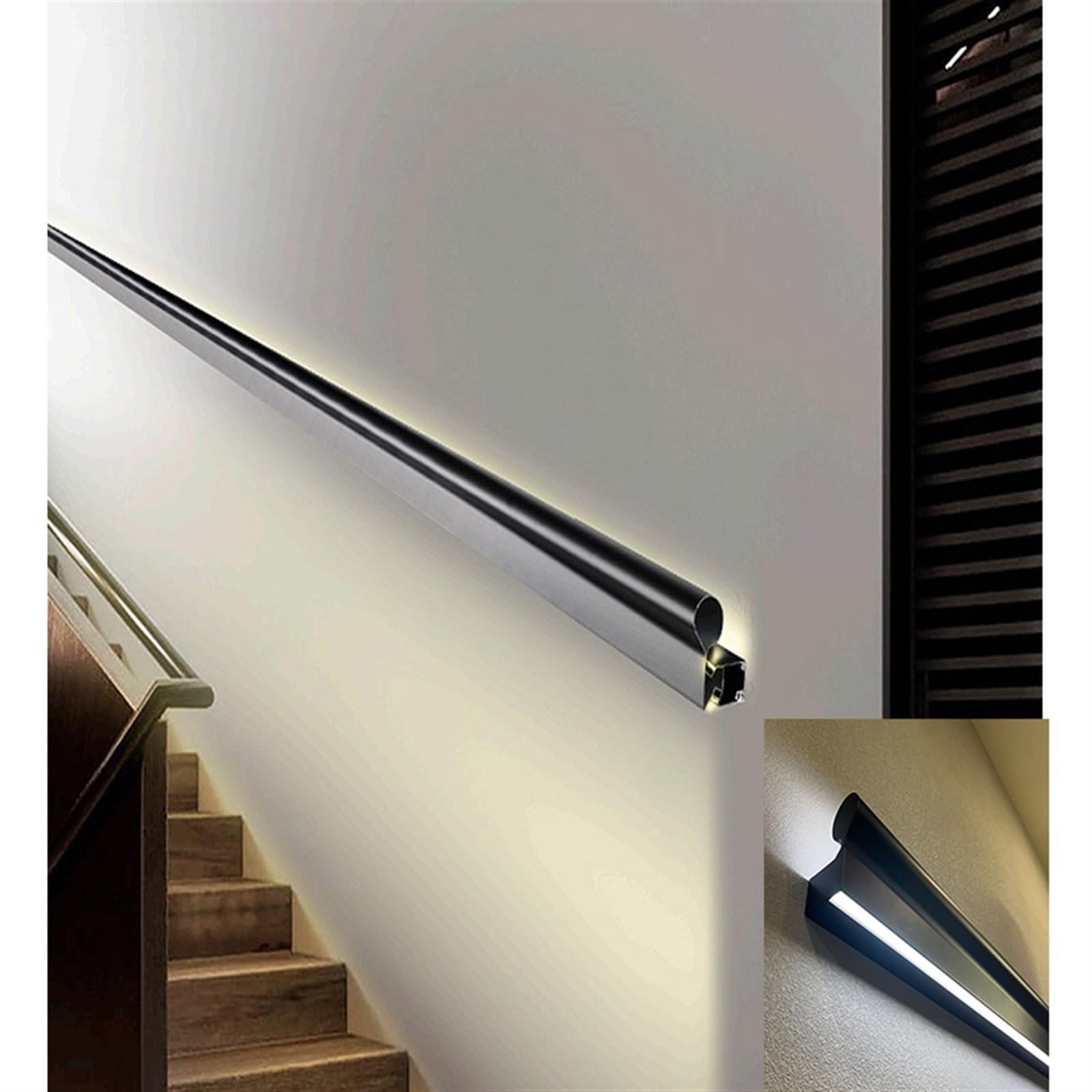 Barandilla de Escalera con luz LED, pasamanos de Metal para escaleras Interiores, pasamanos de Escalera para Montaje en Pared, pasamanos de Escalera para escalones (Color: negro2,