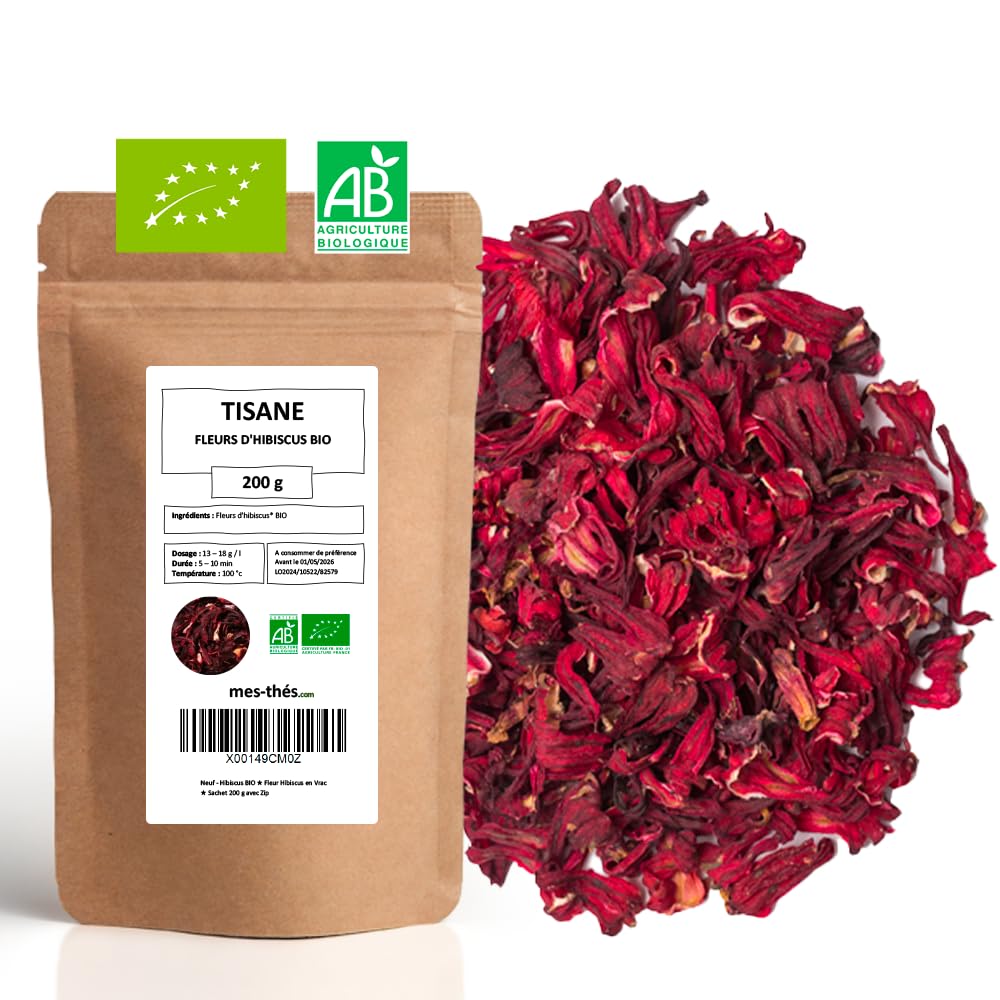 Fleurs d'Hibiscus Bio - Fleurs Séchées Entières et Coupées en Vrac - 200g (80 tasses) - 100% Agriculture Biologique - Mes-Thés