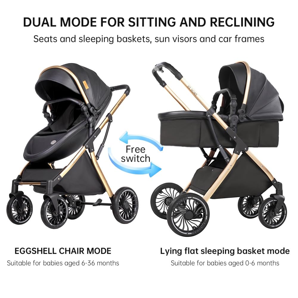 Passeggino 3 in 1 pieghevole reclinabile per neonati e bambini piccoli, ruote per tutti i terreni, con accessori (Nero)