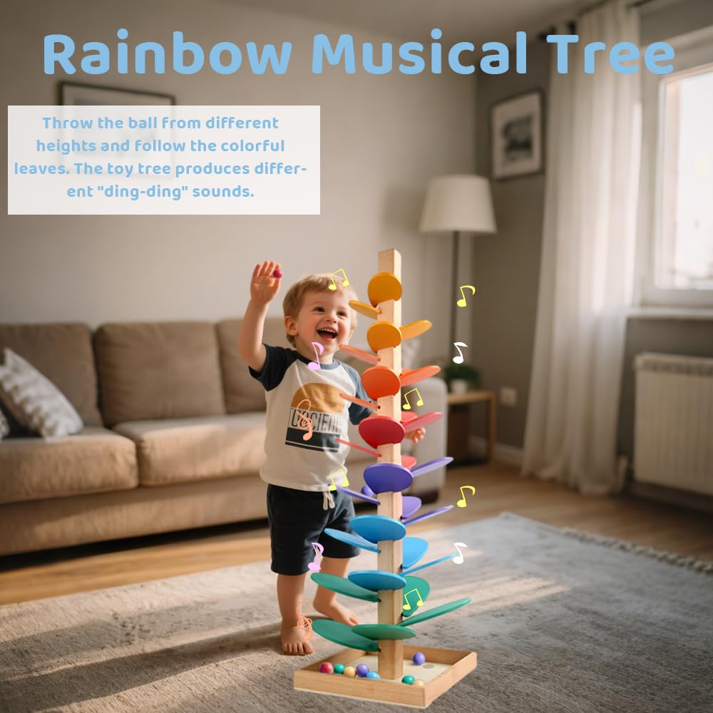 WRQIOO Montessori Sound Tree, 30 Pieces Wooden Marble Run, Rainbow Musical Tree with 10 Rainbow Balls, 6 Colorful - Image 2