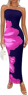 PRETTYGARDEN Women Summer Strapless Maxi Dress Bodycon Floral Sexy Long Wedding Guest Dress Formal Tube Mesh Cocktail Dresses