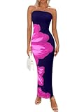 Women Summer Strapless Maxi Dress Bodycon Floral Sexy Long Wedding Guest Dress Formal Tube Mesh Cocktail Dresses
