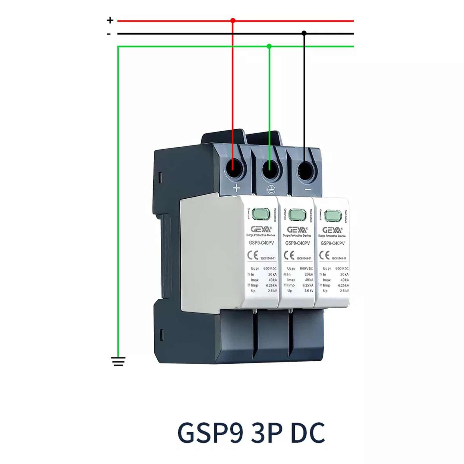 GEYA Solare fotovoltaico a bassa tensione Protezione contro le sovratensioni guida DIN 20KA-40KA scaricatore di sovratensione protezione da fulmine DC (3P,DC1000V)