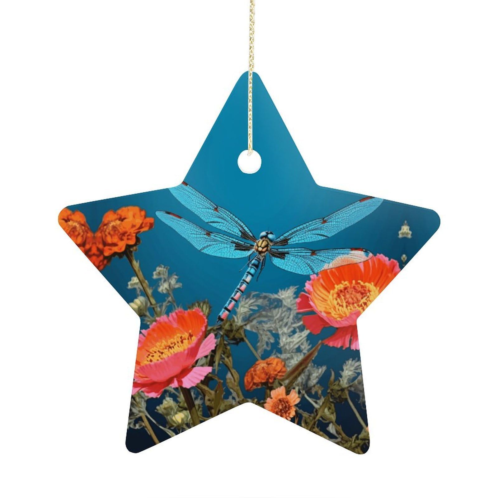 Dragonfly and Flower Stars Ornaments Ceramic Christmas Tree Hanging Light in Weight Christmas Star Pendants Funny Double-Sided Printed Xmas Ornaments for Gifts