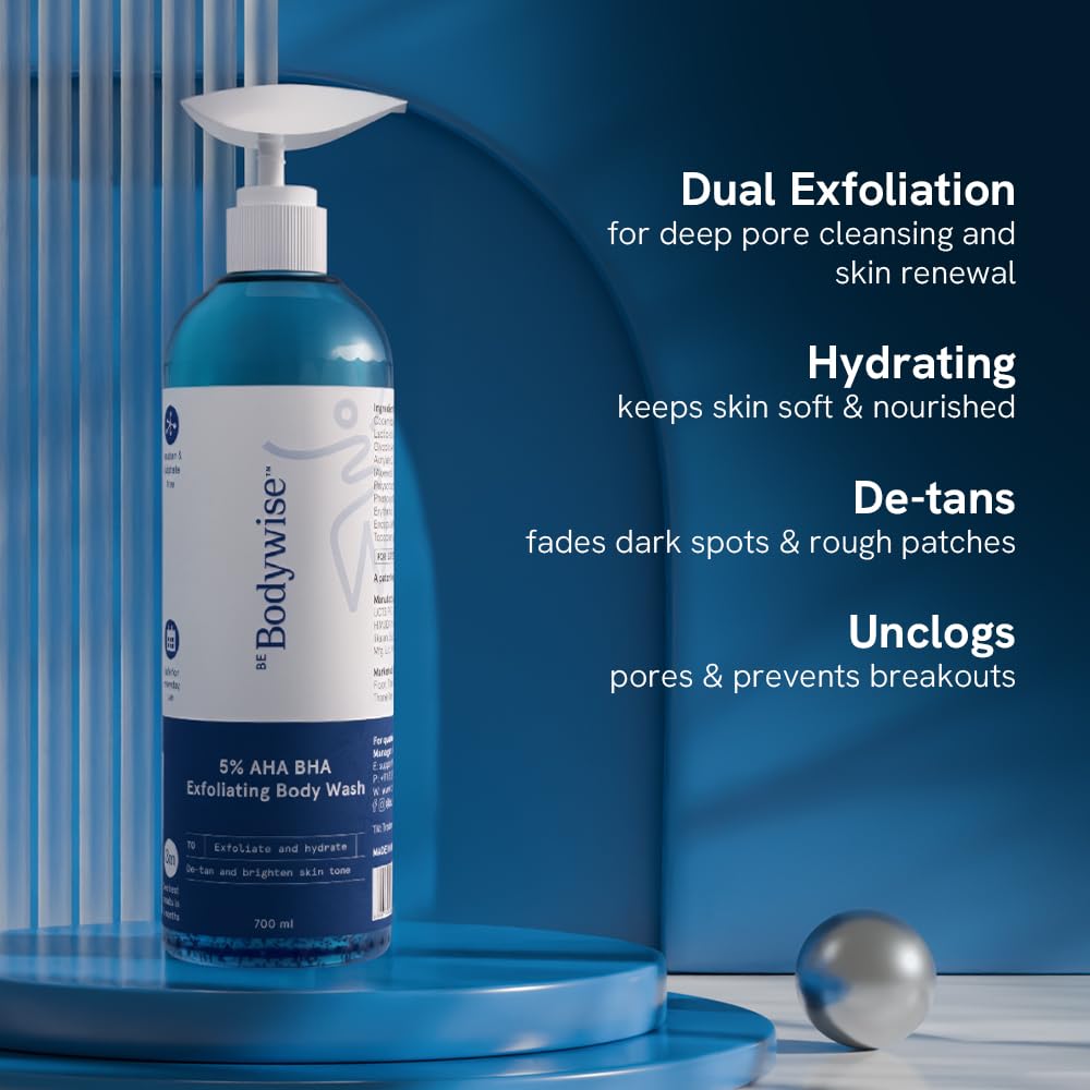 Be Bodywise 5% AHA BHA Exfoliating Detan Body Wash 700ml | For Body Acne, Strawberry Skin, De-Tan | Infused with 3% Lactic Acid, 1% Salicylic Acid, 1% Glycolic Acid | Non-Drying, Paraben Free 1