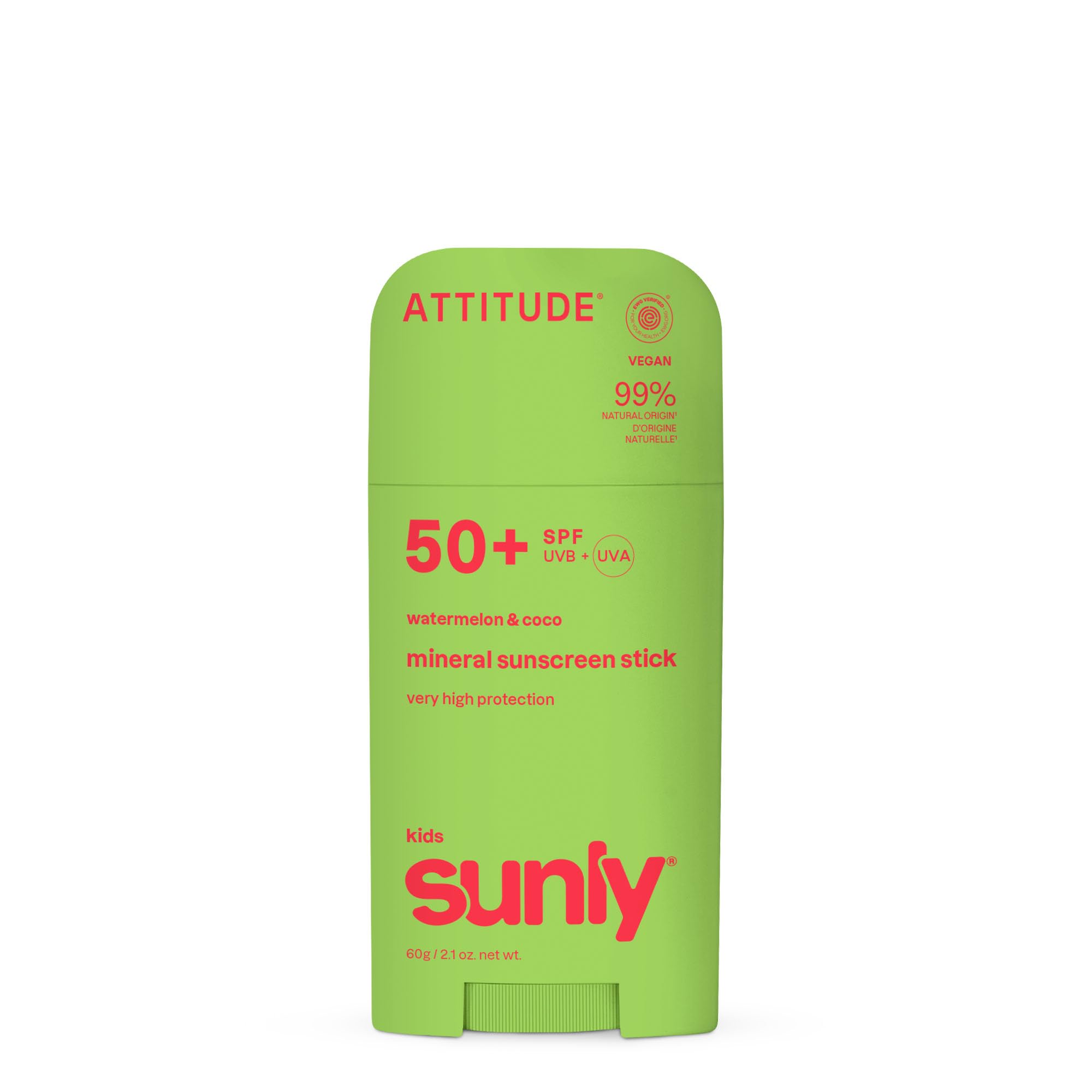 ATTITUDE Crème Solaire Minérale pour Enfants SPF 50, Large Spectre à l’Oxyde de Zinc, Vérifié EWG, Non Nano, Léger pour Visage et Corps, Végan, Parfum Coco & Pastèque, 60 g