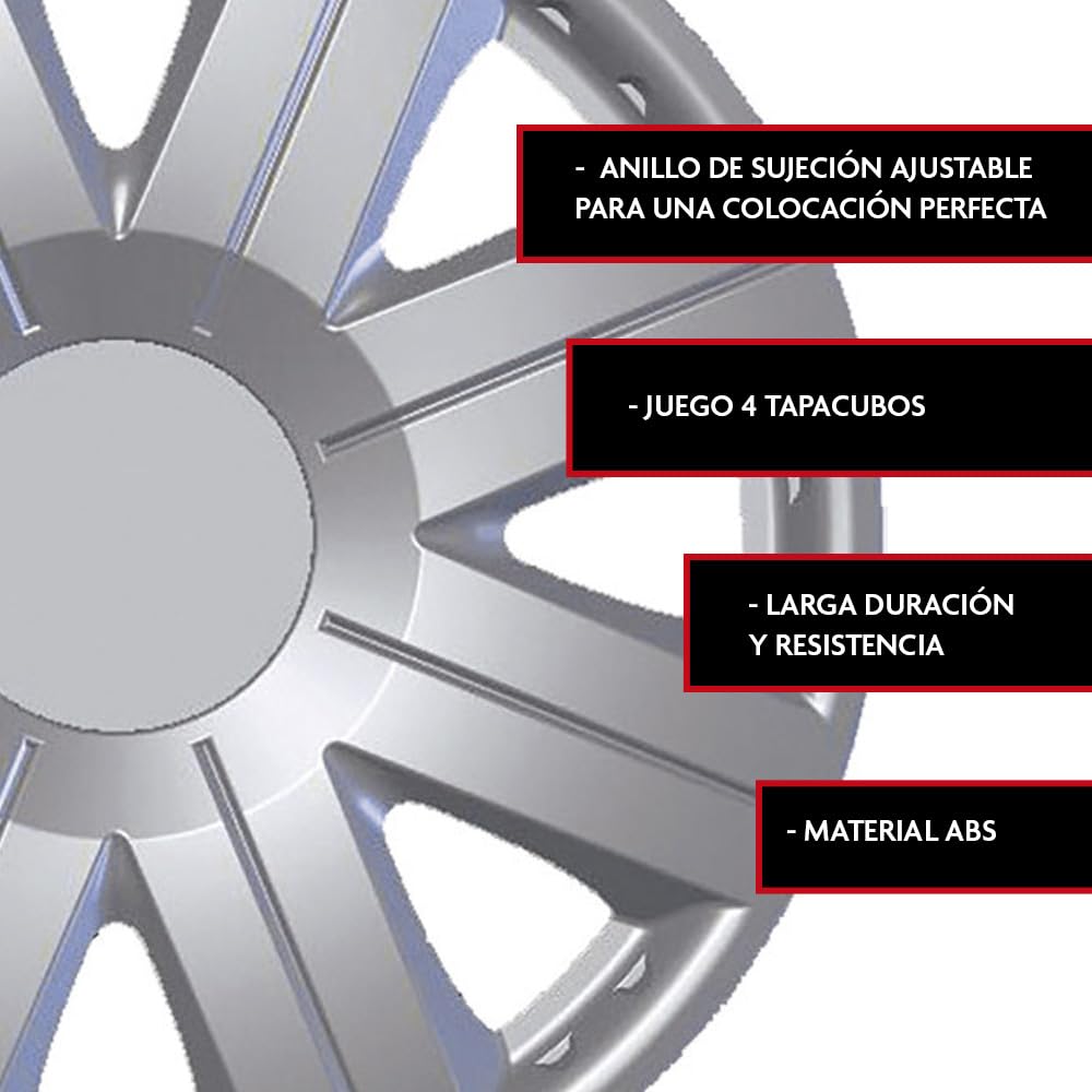 KRAWEHL - Juego de 4 Tapacubos de 14 Pulgadas - Modelo Cosmos - Cubre Llantas - Fácil de Instalar - Anillo de Sujección Ajustable - Resistente a los Golpes - Realizado en ABS - Color Plata