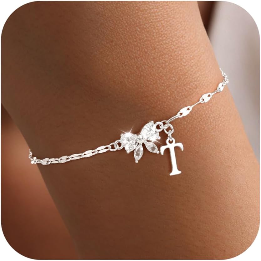 Ritach Valentine Day Gifts 925 Sterling Silver Initial Bracelet for Women Dainty Minimalist Bow Butterfly Bracelet Cute Adjustable Waterproof Jewelry for Women