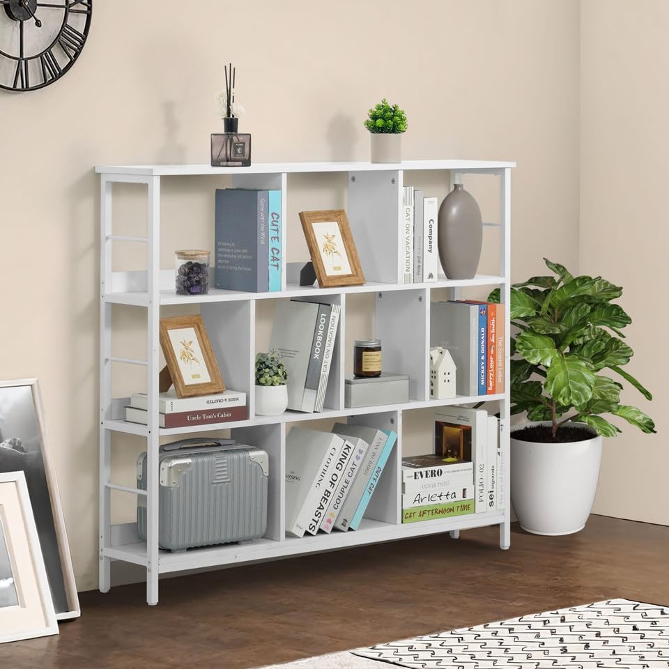 CAPHAUS 10 Cube Storage Organizer, 48” Wide 3 Tier White Industrial Open Shelf Bookcase, Display Shelf, Horizontal Bookshelf with Metal Frame, Wooden