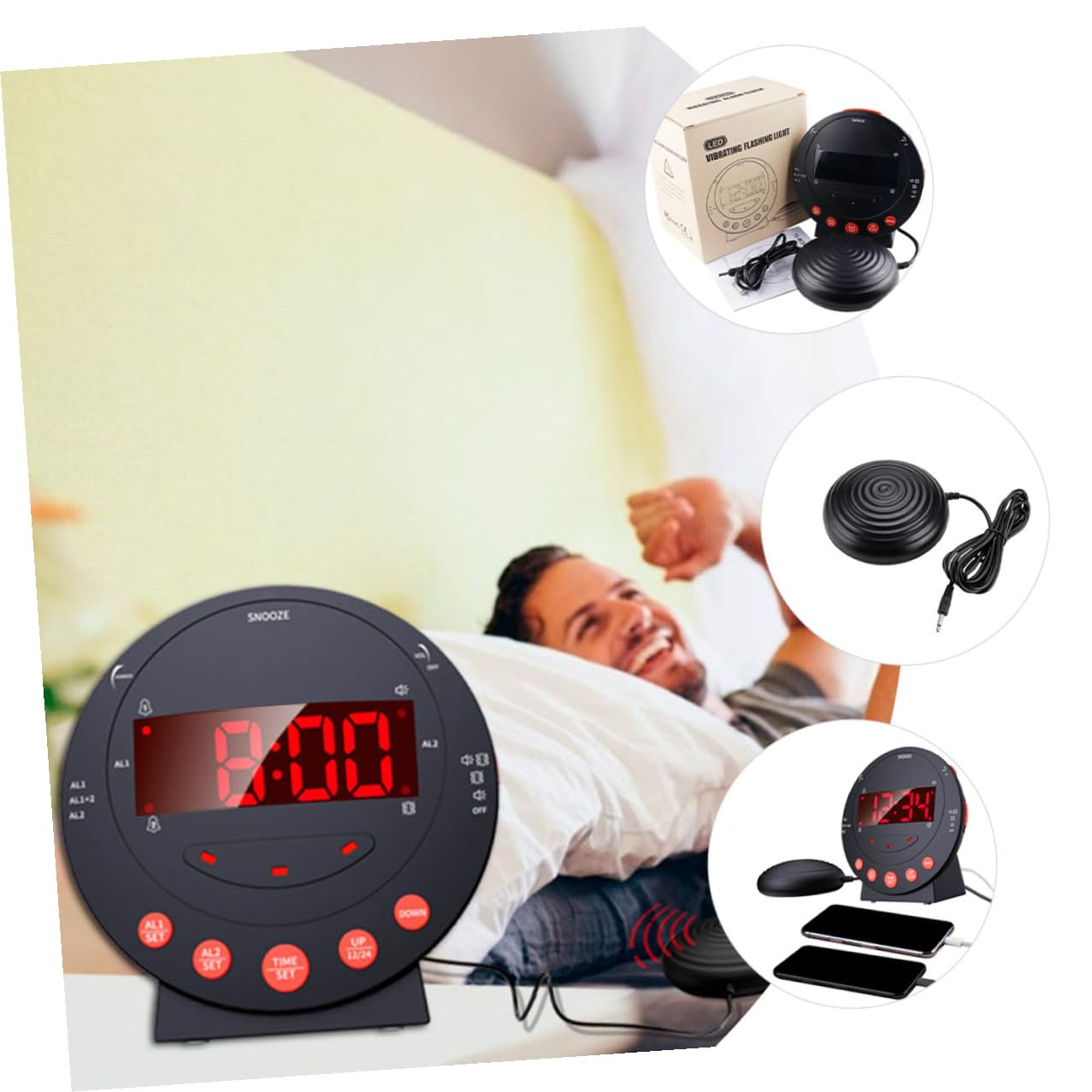 Vibrationswecker mit Starker Vibration und Lautstärke, Schwarz, USB