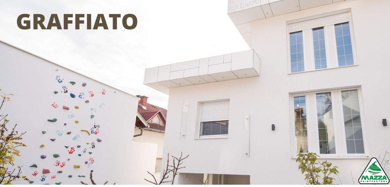 MAZZA Colorificio Rivestimento Per Esterni Graffiato Pittura Murale Acrilica Bianca Ad Elevata Resistenza Agli Agenti Atmosferici Alto Potere Coprente Litri 14