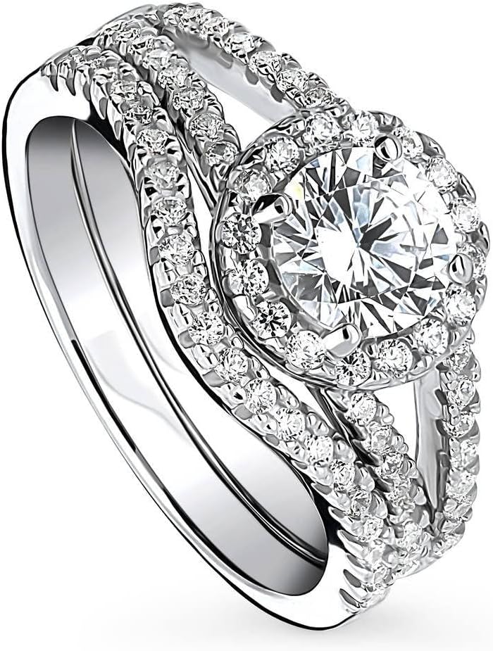 BERRICLE Sterling Silver Halo Wedding Engagement Rings Round Cut Cubic Zirconia CZ Wishbone Split Shank Ring Set for Women, Rhodium Plated