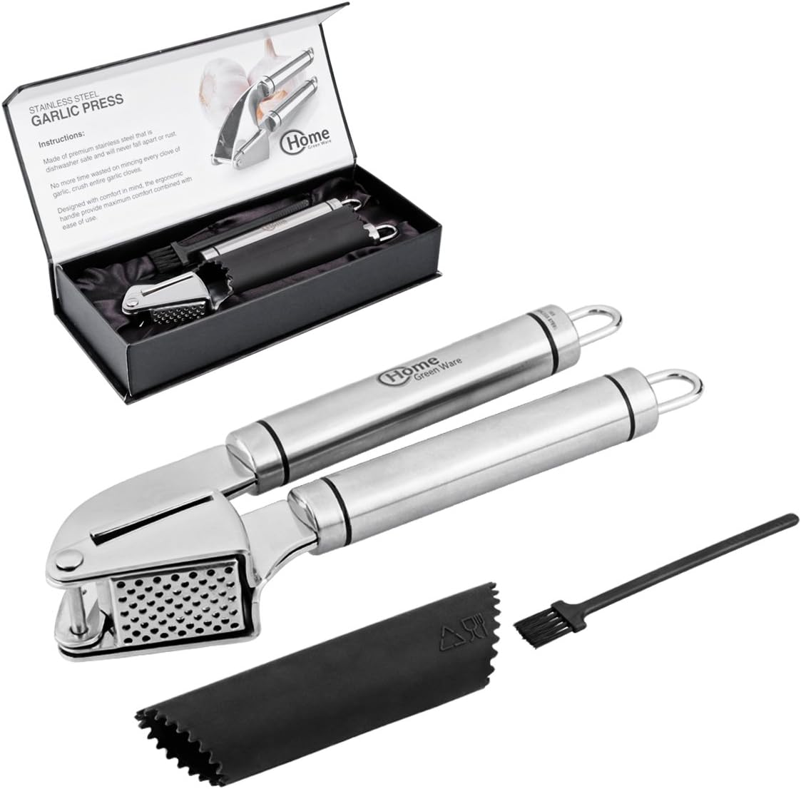 Professional Garlic Press - Stainless Steel Kitchen Utensil Includes Clove Peeler and Cleaning Brush - Best Choice to Mince & Crush Cloves and Ginger