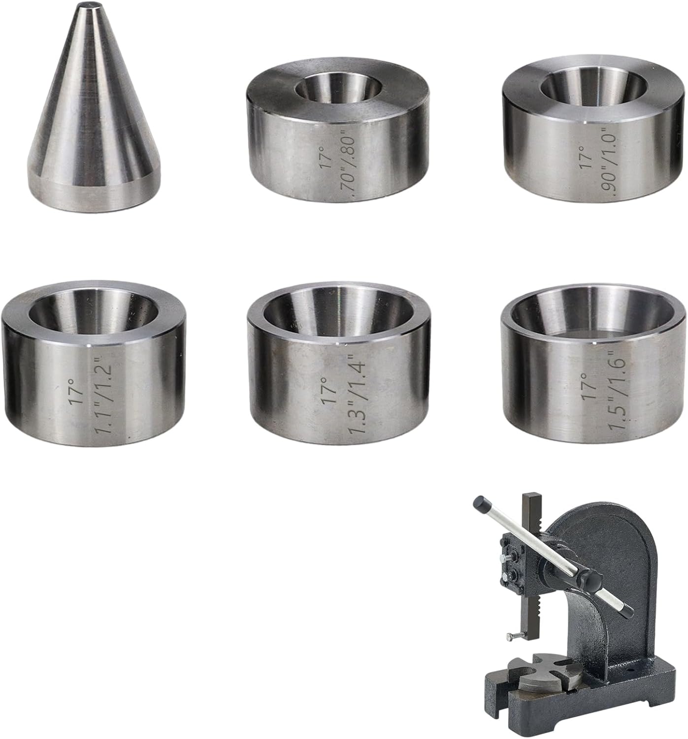 17 Degree Folding Die Set 5 Piece Die Set(0.70" x 0.80")(0.90" x 1.00")(1.10" x 1.20")(1.30" x 1.40")(1.50" x 1.60") & Stainless Steel Stabilizer Folding Cone Die Set & Coin Ring Making Tool
