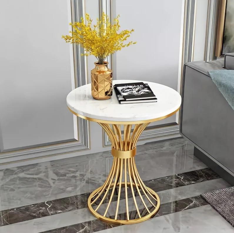 NEST NATURE HAVEN Round Coffee Table End Table Metal Sofa Side Tables, Small Creative Corner Table for Living Room Balcony Bedroom Nightstand Home Décor Furniture (Golden White)