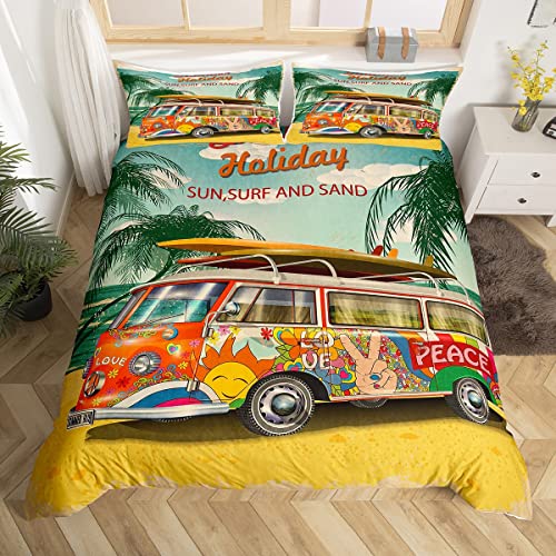 Homemissing Voyage Bus Housse de Couette Vacances Camping Voyage Voiture Parure de Lit 220x240cm pour Enfants Décor Tropical Feuilles Jaune Parure Housse de Couette 3Pcs