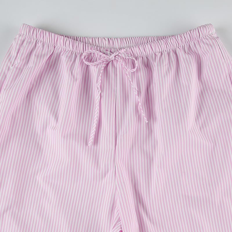 Women Drawstring Striped Wide Leg Pants Casual Elastic Waist Striped Pants Low Waisted Pants Lounge Pants with Pockets4