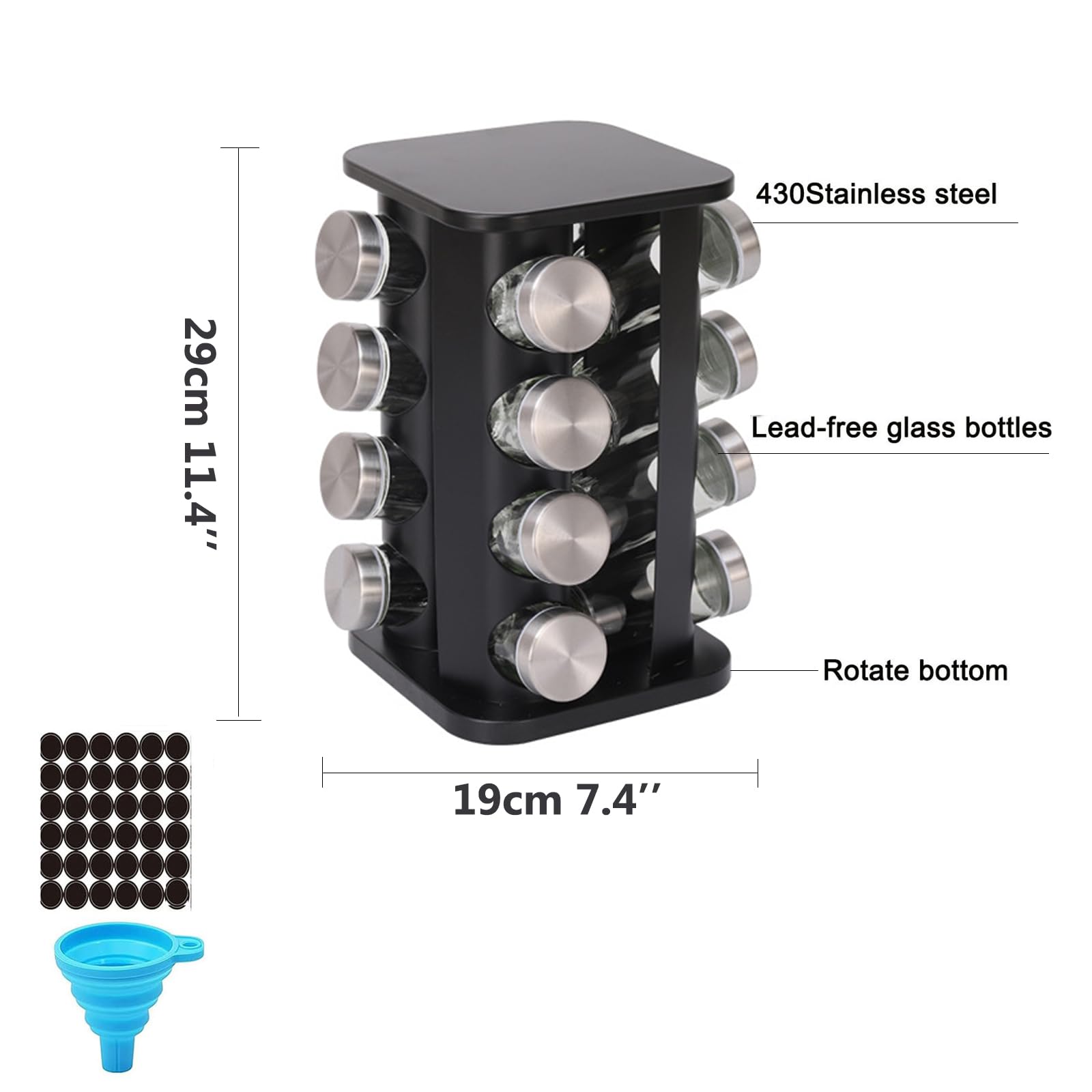 Estante de especias giratorio con 16 tarros de especias, organizador de torres de especias de cocina para mostrador o gabinete, gadgets de cocina (Black, SquareHead_16Jars)