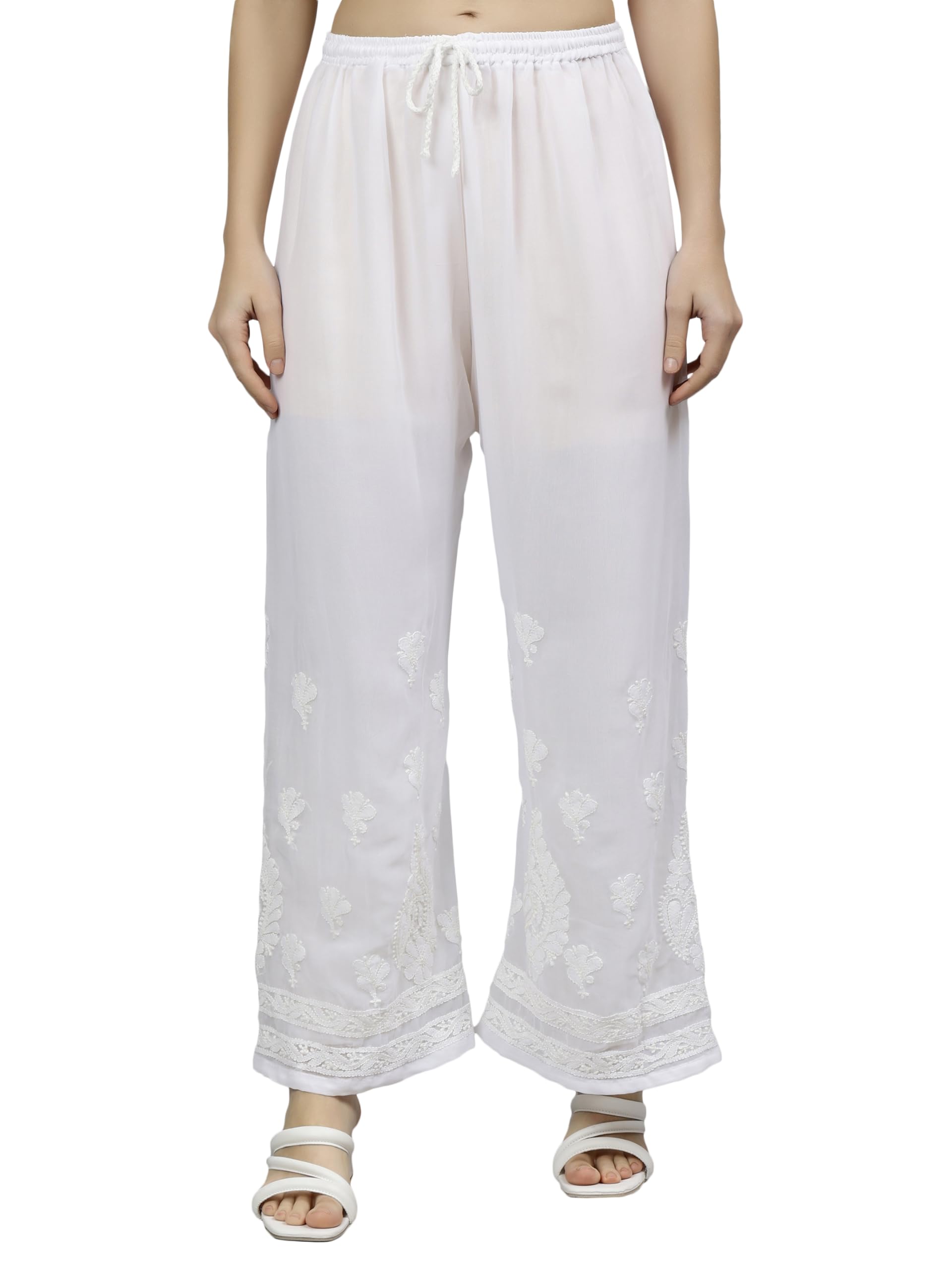 Hand Embroidered Lucknowi Chikankari White Georgette Palazzo for Women SCL11020-image-22