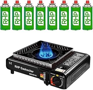 Réchaud à gaz d'extérieur RHP cuisinière de camping I cuisinière à gaz avec 8 cartouches de gaz à baïonnette - avec étui pratique - jusqu'à 30% de consommation de gaz en m