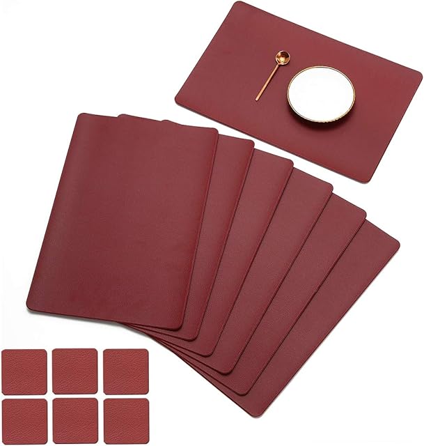 JUJIN Place Mats and Coasters Set of 6 Heat Insulation Placemats Waterproof Washable Non-slip Stylish Table Mats for Dining Room Hotel Feast Dinner Table Rectangle Red Wine