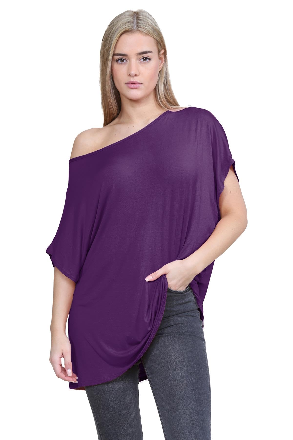 Hamishkane Women's Purple Hamishkane® Bardot Baggy Style Oversized T Shirt For - New Plain Off The Shoulder Batwing Top, Fashionable Tops For Casual Party Wear