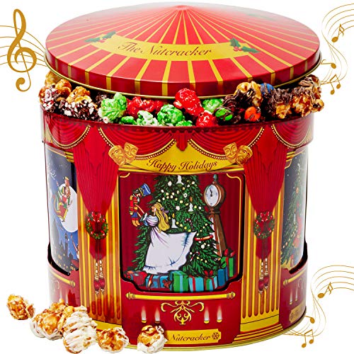 BONNIE AND POP - Christmas Popcorn Gift Tin - Gourmet Food Gifts Prime Delivery - Plays Music - Chocolate & Popcorn Gift Tin, Holiday Basket - Nutcracker Suite