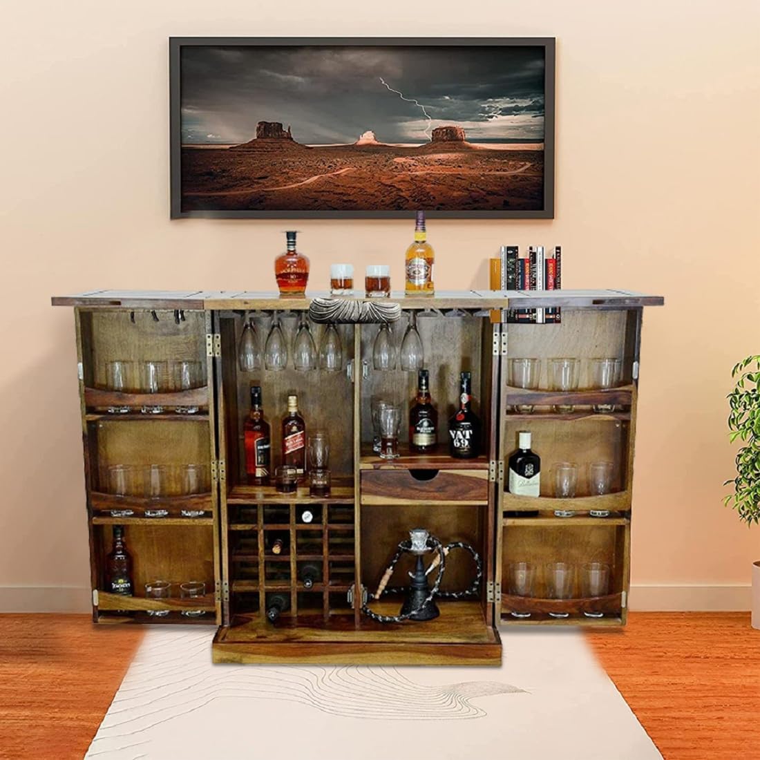 Sheesham Wood Counter Bar Cabinet Rack with Wine Glass Storage (Design 15)-image-23