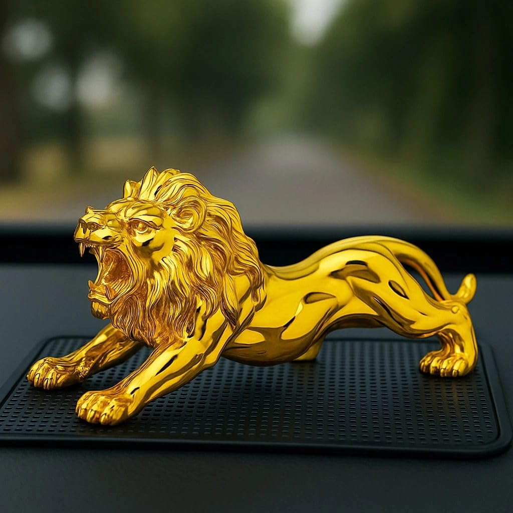 Lion Figurine Office Car Dashboard Home Decor, Art Craft Animal Statue/Sculpture Decorative Showpiece - 7 cm (Polyresin, Gold)-image-37