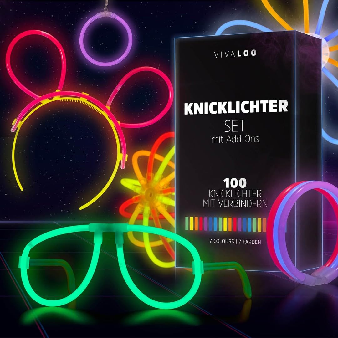 Vivaloo Knicklichter Party Set 100 Stück + Zubehör - Leuchtstäbe mit Verbinder für Leuchtarmbänder, Bälle usw. - Party Deko & Festival Zubehör - Party Lichter Neon