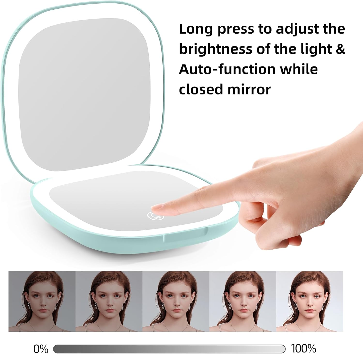 Compact Magnifying Travel Makeup Mirror with LED Light - 3.5 inches 1X/10X Magnification Small Hand Pocket Dimmable Double Sided USB Rechargeable Touch Screen, Portable Tabletop Cosmetic (Green)