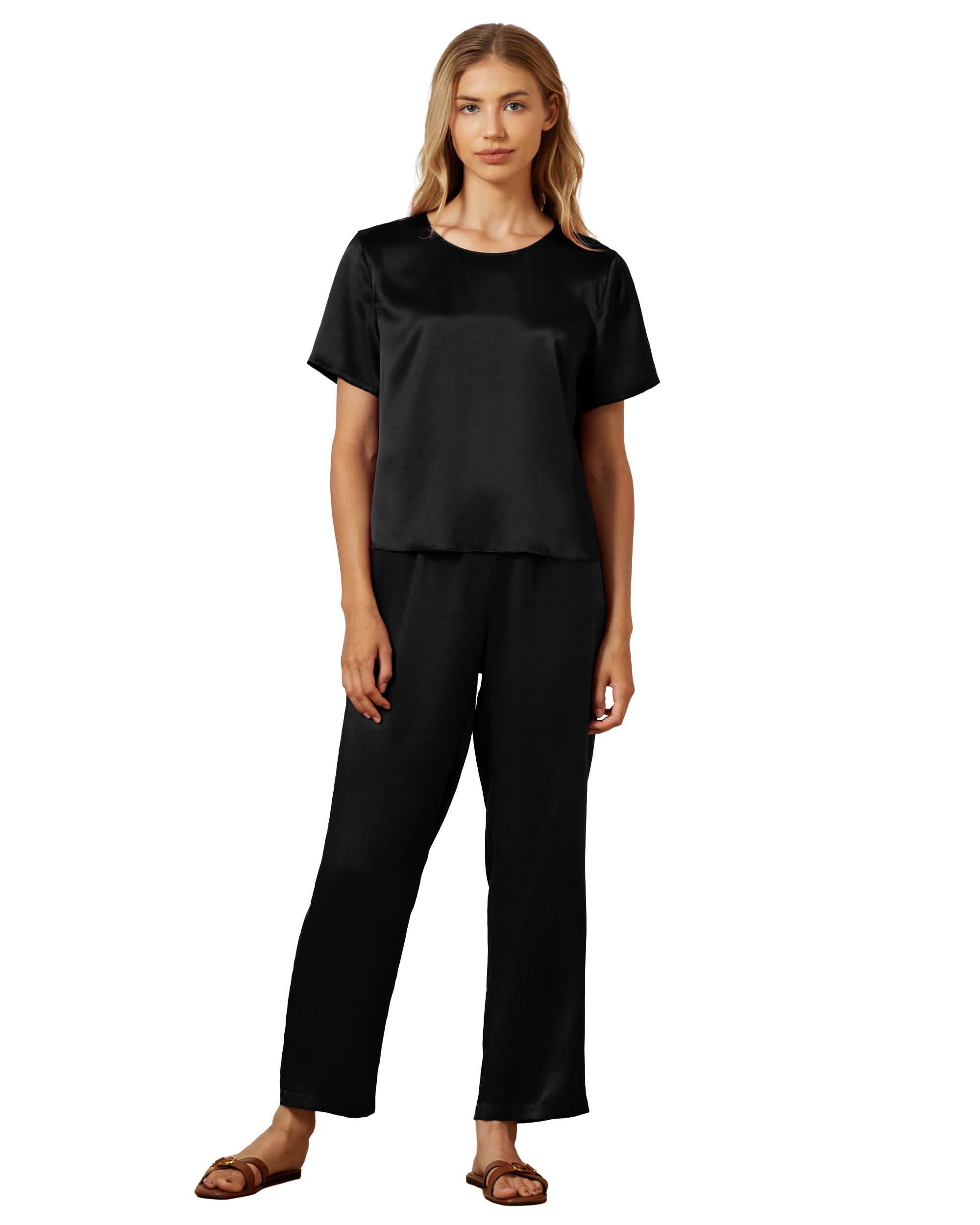 Mommesilk Seidenpyjama für Damen Pullover Oberteil und Hose 2-teiliges Seiden-Pyjama-Set waschbare Seiden-Nachtwäsche Loungewear