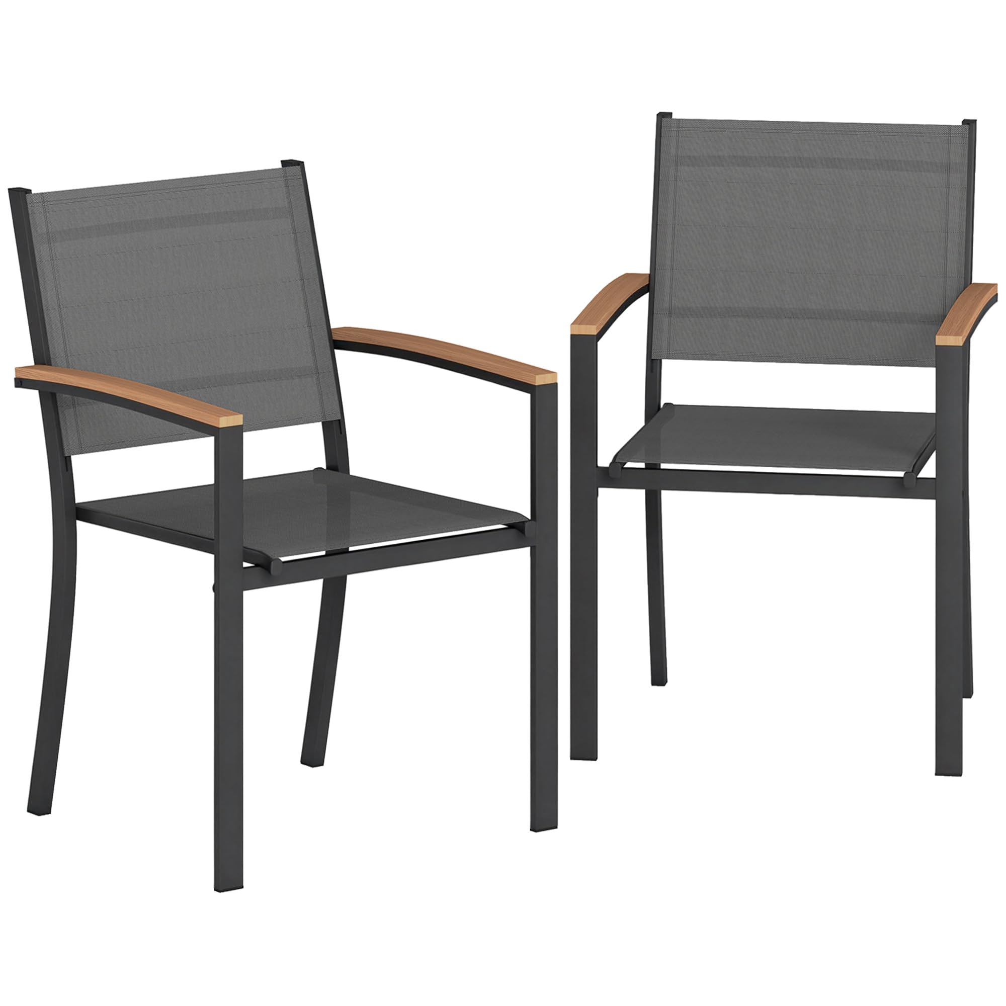 Outsunny Set 2 Sedie da Giardino Impilabili in Texteline e Metallo, con Braccioli Effetto Legno, 56x62x89 cm, Grigio