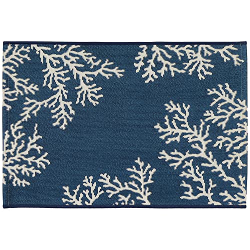 Indoor/Outdoor Mat-Transitional, Coastal, Beach, Border, Coral Edge Navy Cute Non-Slip Soft Bath Rugs Thick Bathroom Kitchen Floor Doormat 16x24 Inch