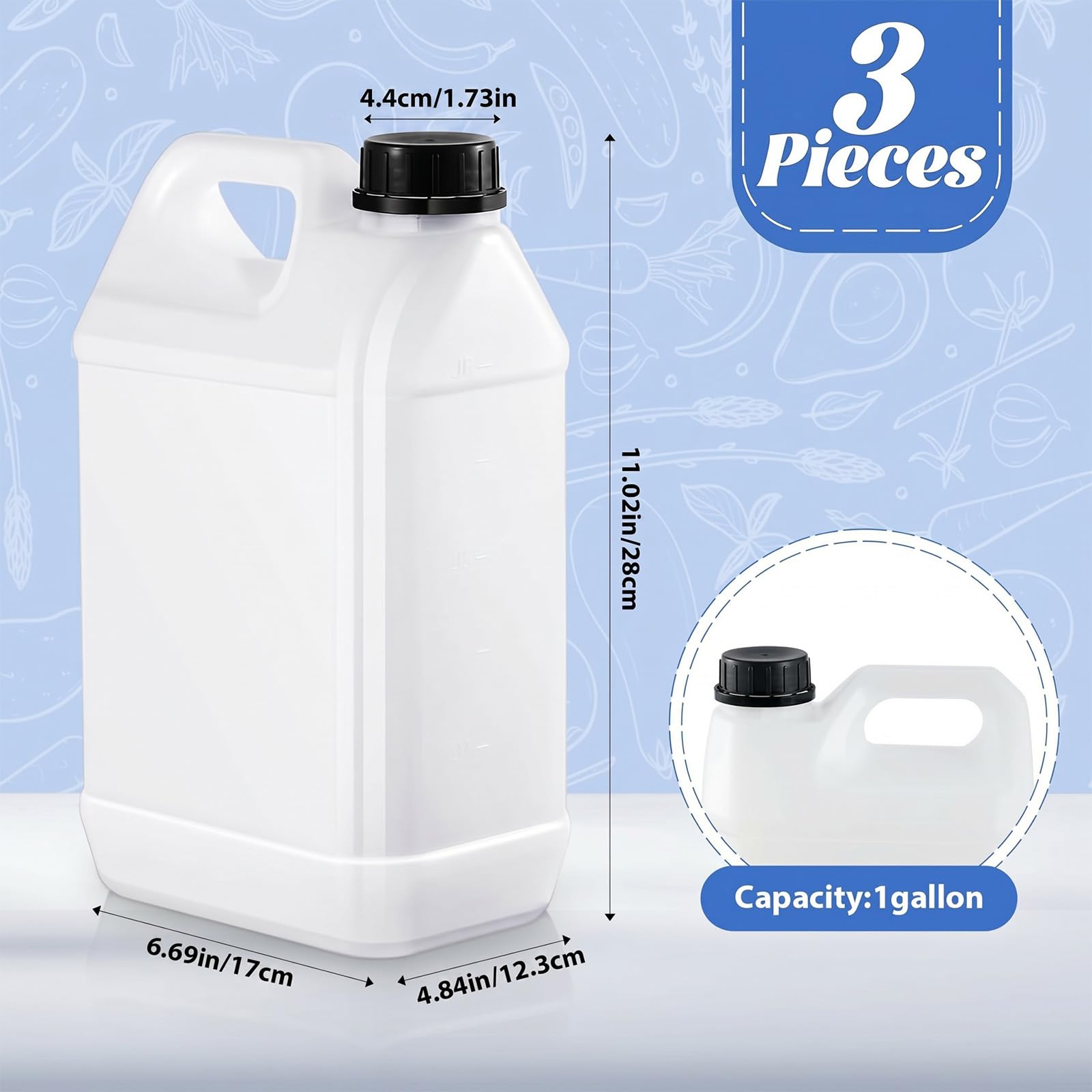 Ziliny 3 recipientes de plástico de 1 galón con asa y tapa, recipientes cuadrados de polietileno de alta densidad para almacenamiento de agua líquida, hogar, restaurante, uso comercial residencial