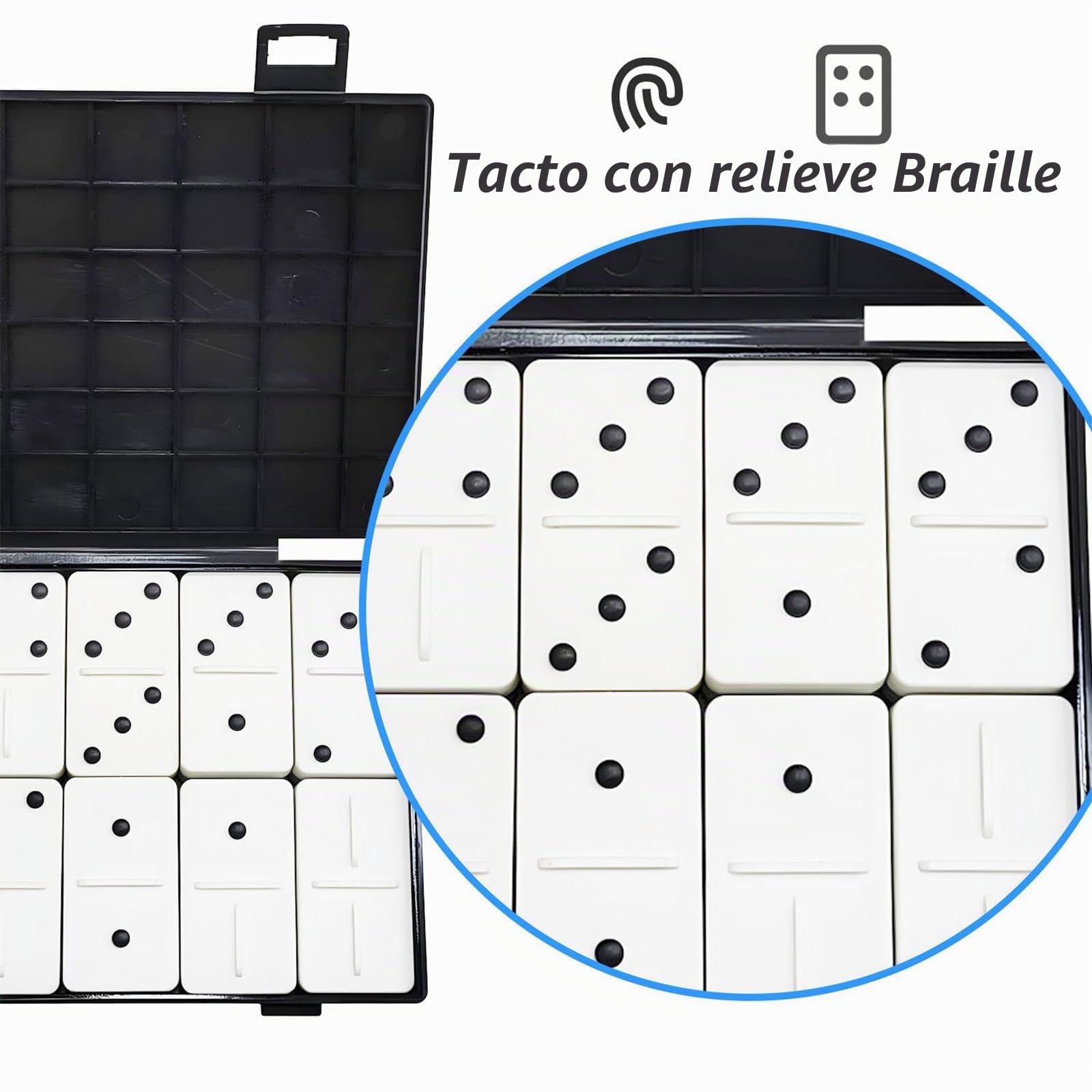 Juego de dominó para ciegos, juego doble portátil de 6 juegos con 28 piezas, doble resistente al tacto, seis juegos con puntos elevados para una visión débil, discapacidad visual y trastorno de | Juego de puntos elevados táctiles para adultos con baja vis