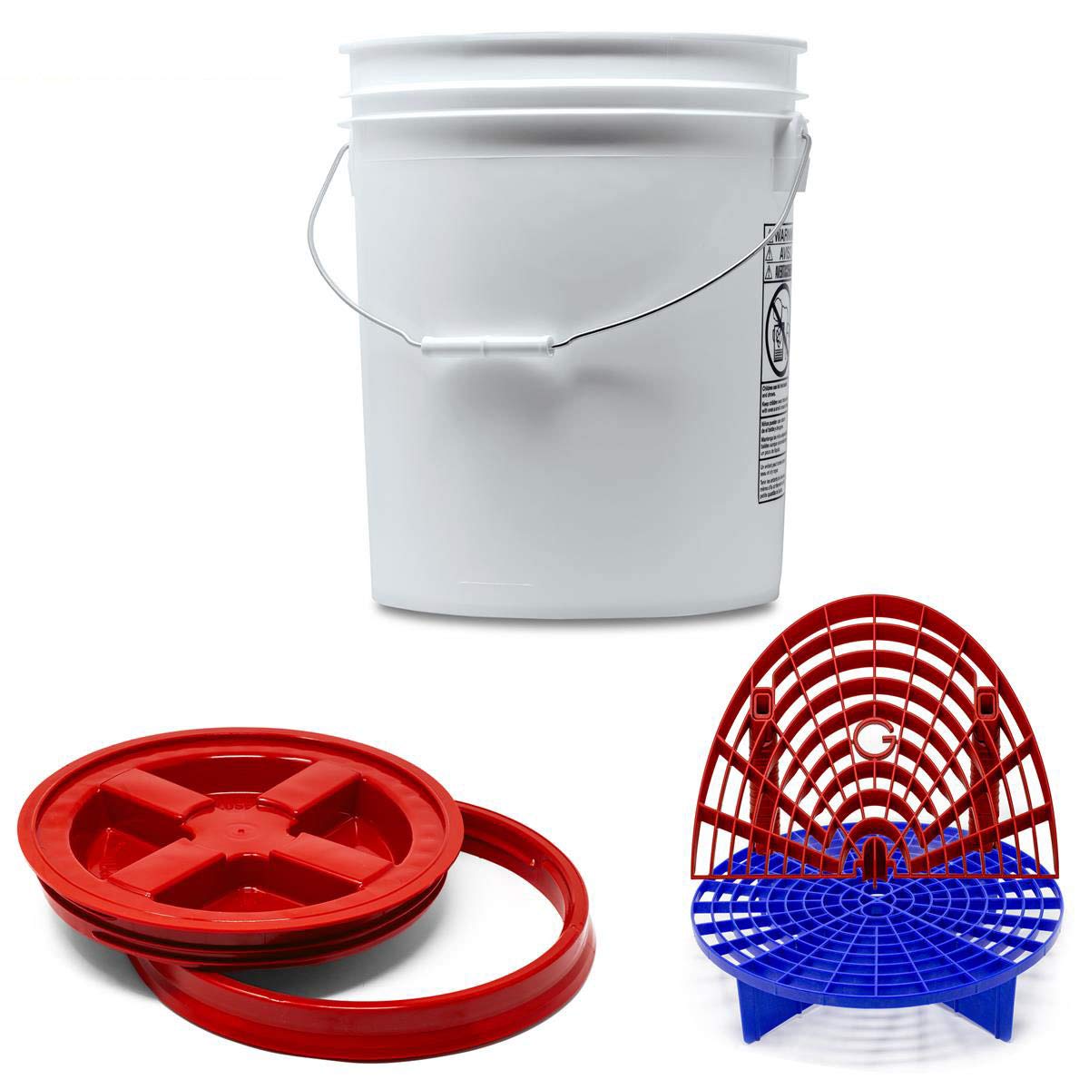 Detailmate professionelles Wasch Eimer Set: Magic Bucket Wascheimer 5 GAL (ca. 20 Liter), Gamma Seal Eimerdeckel rot, GritGuard Schmutz Einsatz blau, GritGuard Washboard rot