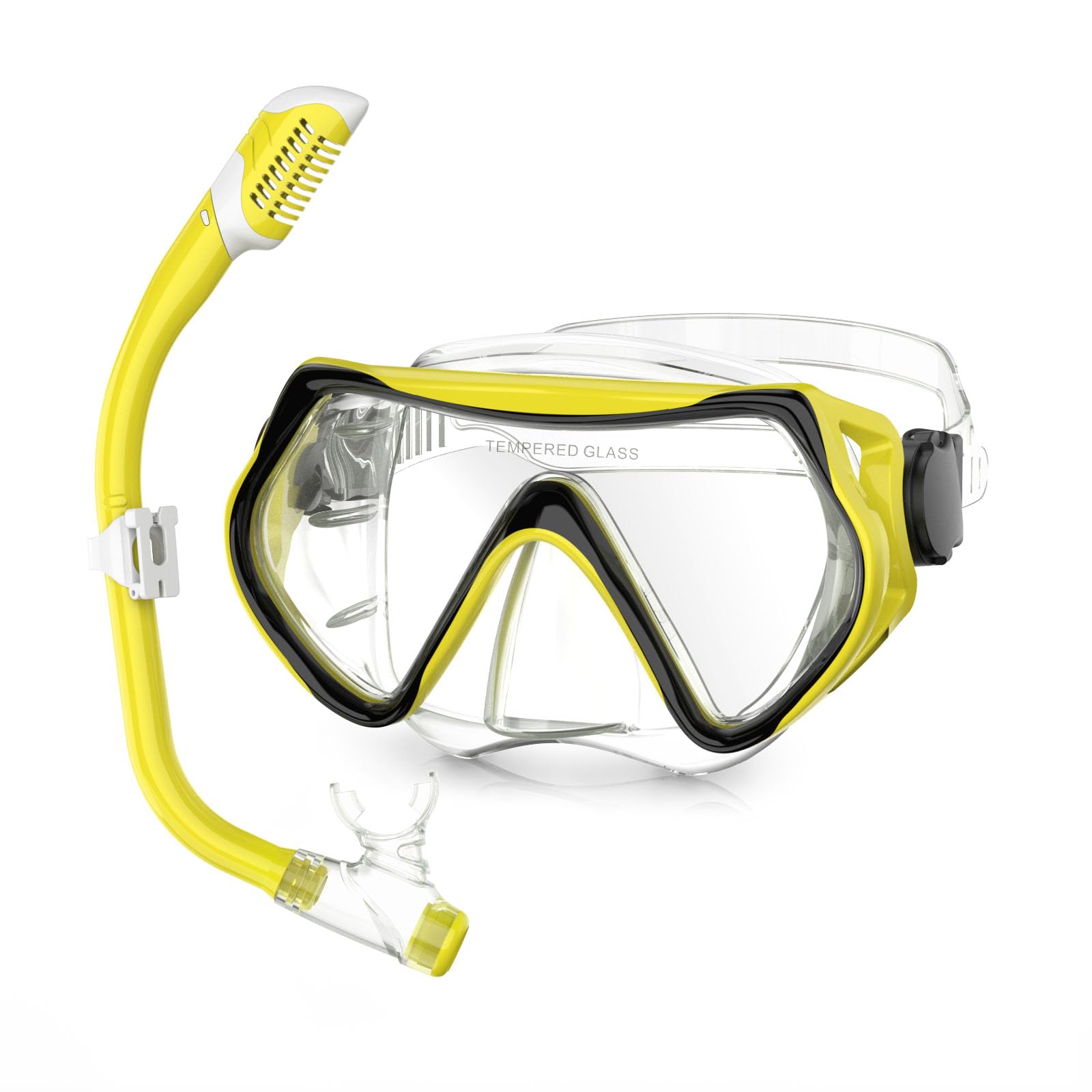 MELUMILU Kids Snorkel Set, Dry Snorkel Set 180° Panoramic Wide View Anti-Fog Scuba Diving Mask, for Kids Youth Boys Girls Junior Age 5-15 (Clear Yellow)